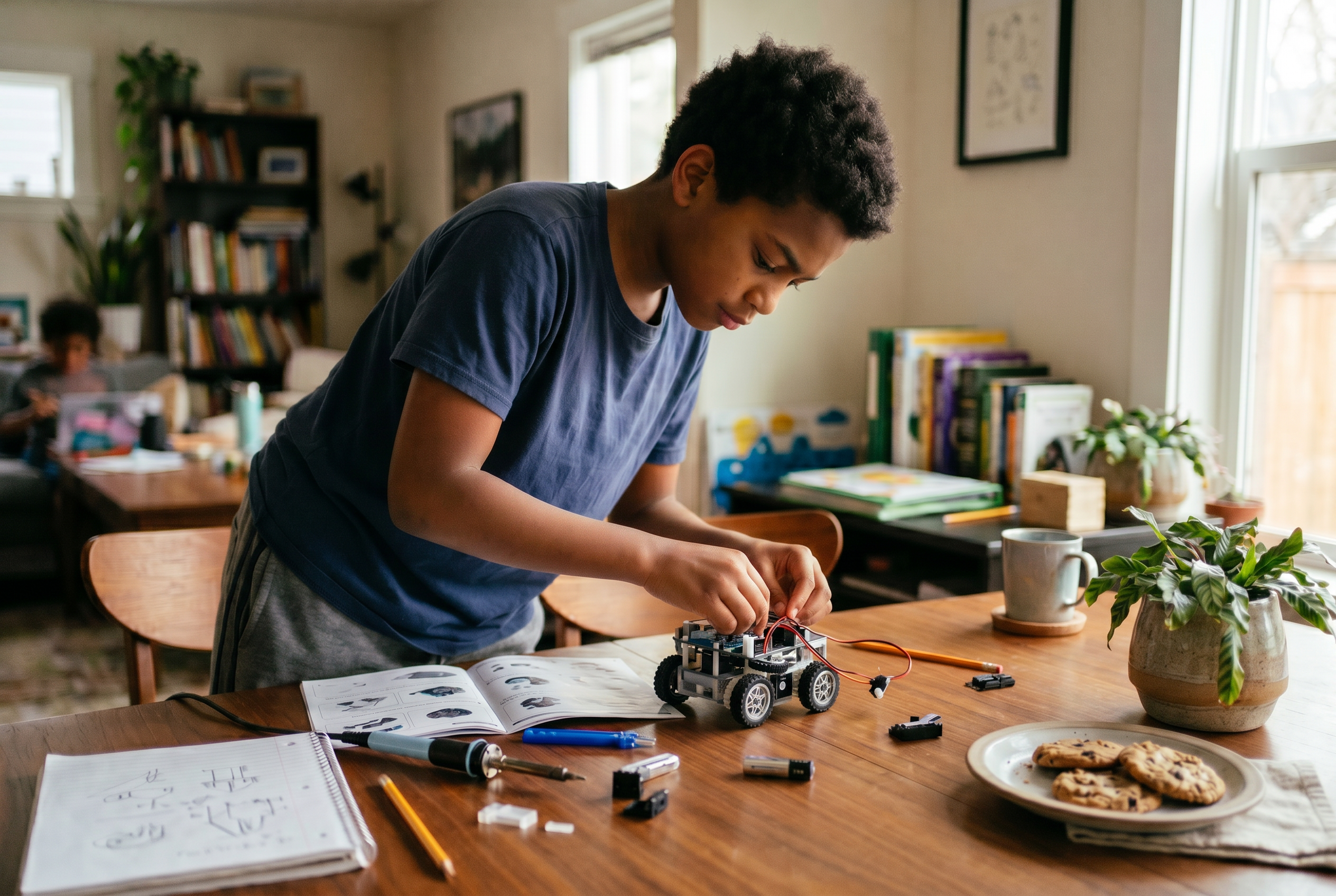 A homeschooled student deeply focused on building a robotics car at the kitchen table, a houseplant and plate of cookies nearby