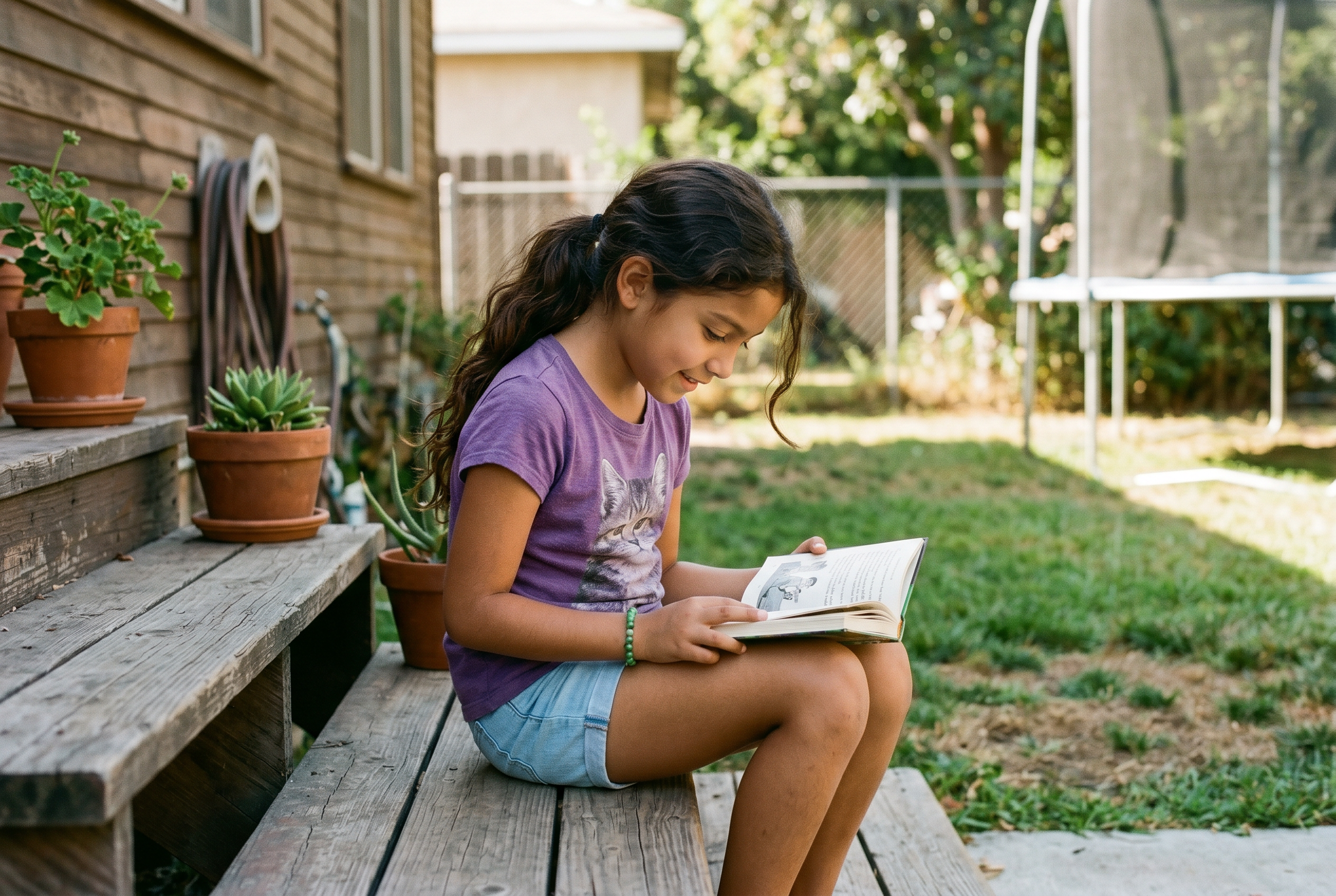 A young student reading a chapter book outdoors on the back-porch steps