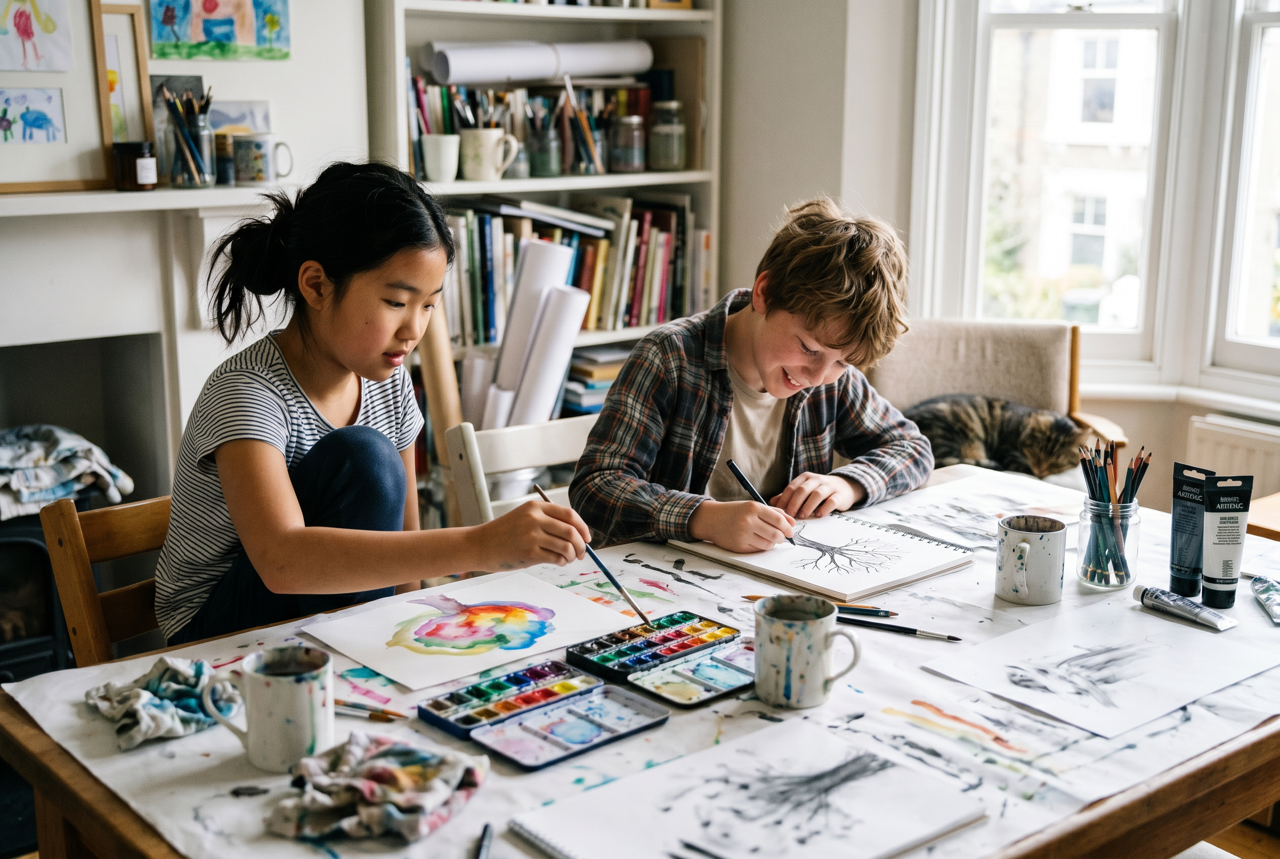Two homeschooled children painting and drawing together at a home art table