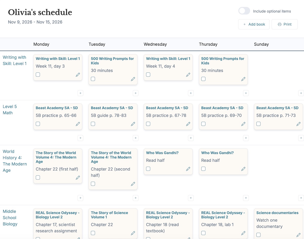 Weekly schedule