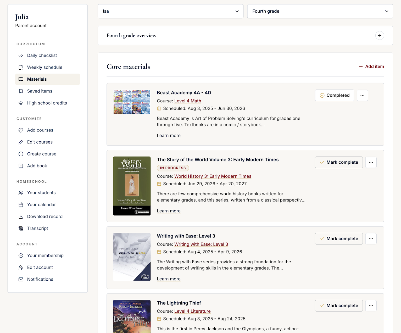 The curriculum materials list in the Nautilus Homeschool app