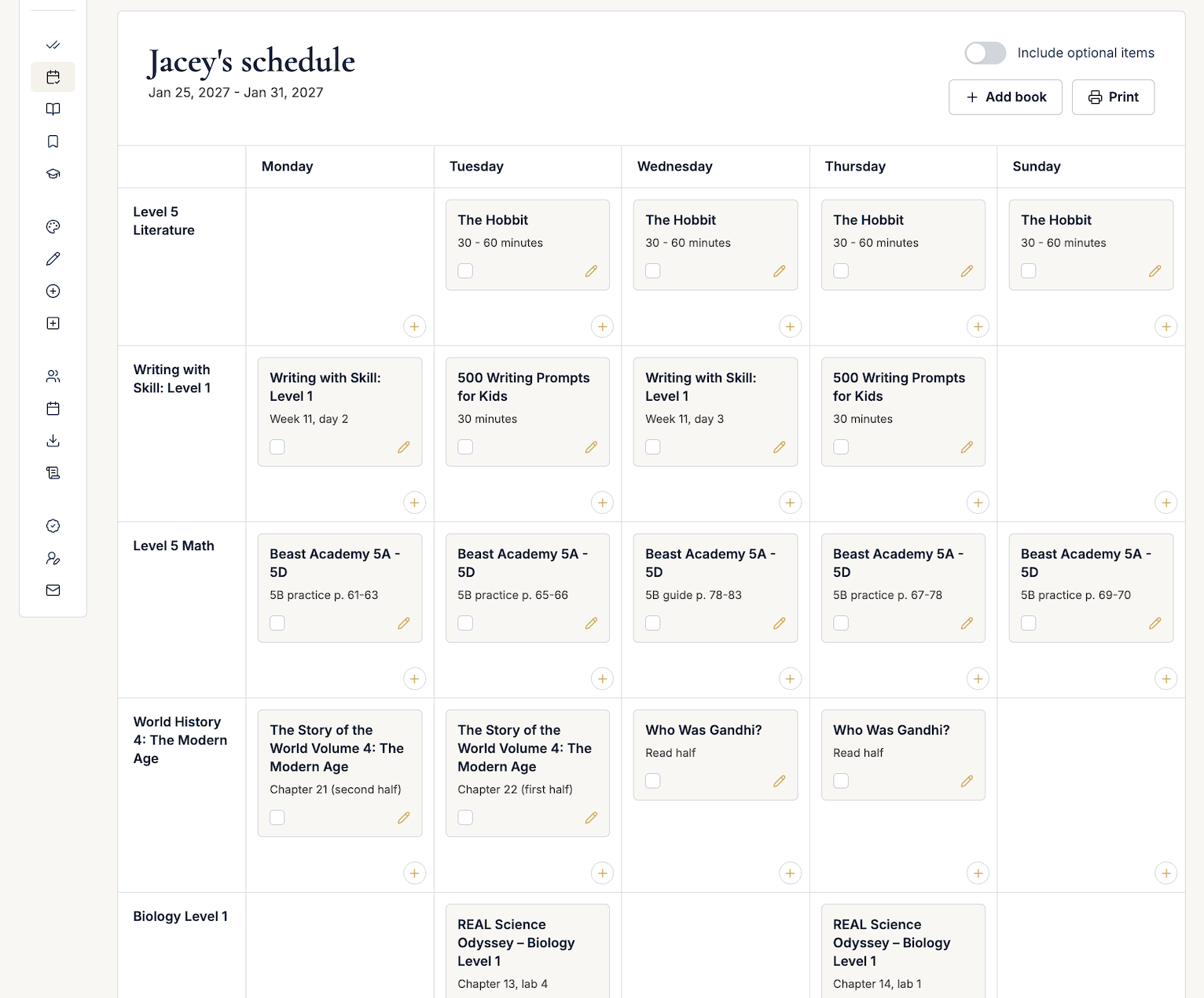 The weekly assignment schedule in the Nautilus Homeschool app